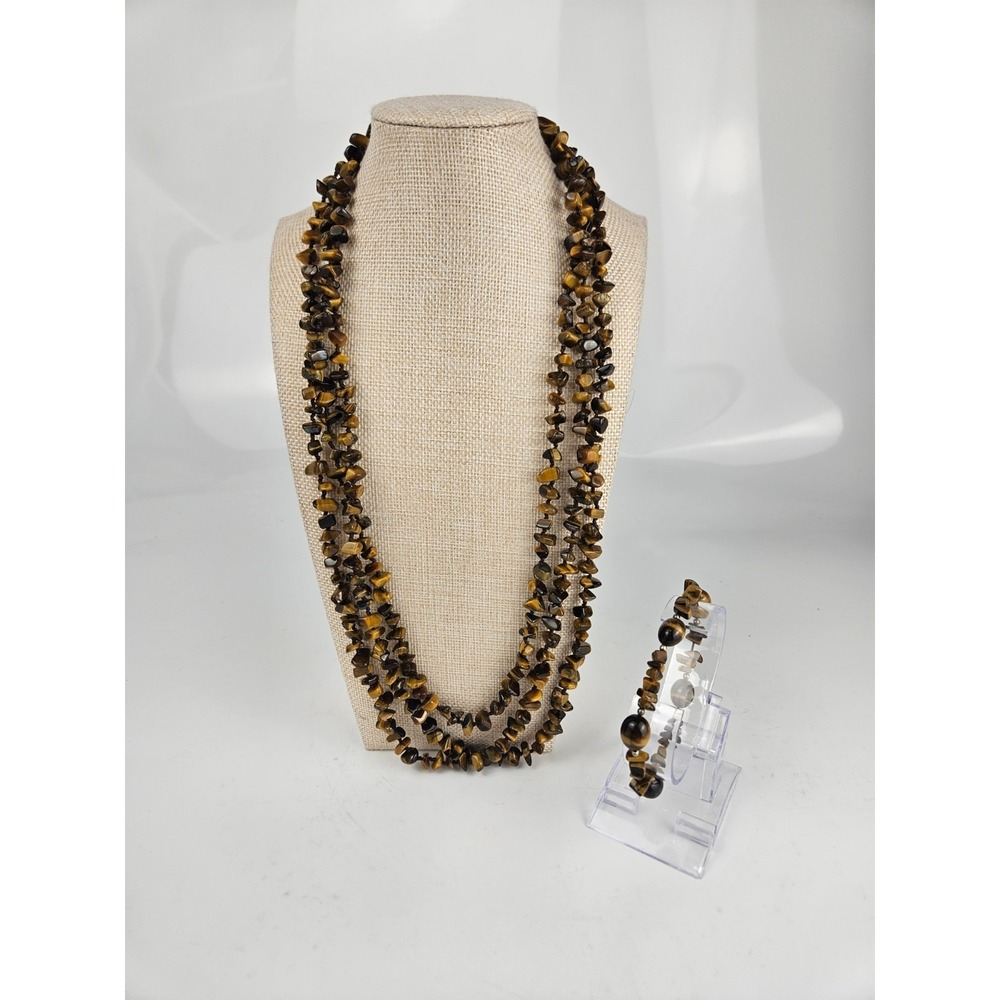 Tiger's Eye Long Necklace 80"‎ Layering Strand + Stretch Bracelet Set